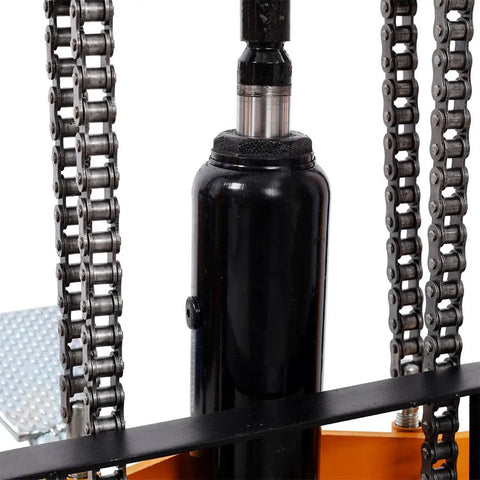 Close-up of Heavy Duty Hydraulic Manual Lift Stacker pump and chains, designed for lifting pallets and heavy materials.