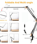 Eye-Care Swing Arm Desk Lamp With No-Fuss Clamp For Home Office, multi-angle adjustments and USB, foldable design diagram.