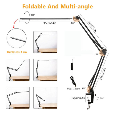 Eye-Care Swing Arm Desk Lamp With No-Fuss Clamp For Home Office, multi-angle adjustments and USB, foldable design diagram.