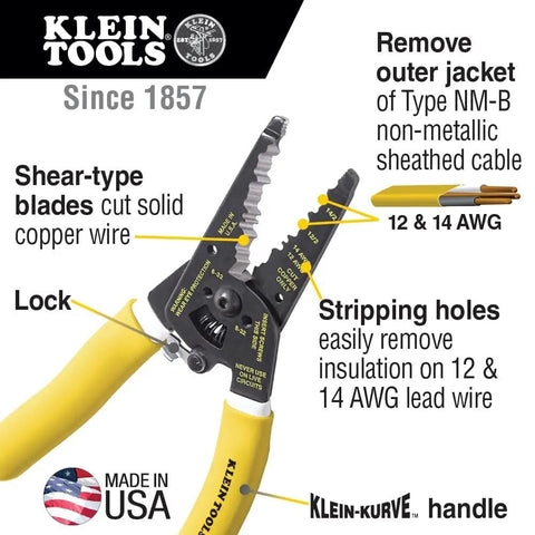 Dual NM Cable Stripper And Cutter For 12 And 14 AWG Wire, Strips 12/2 And 14/2 Outer Jacket, Locking Design, Made In USA