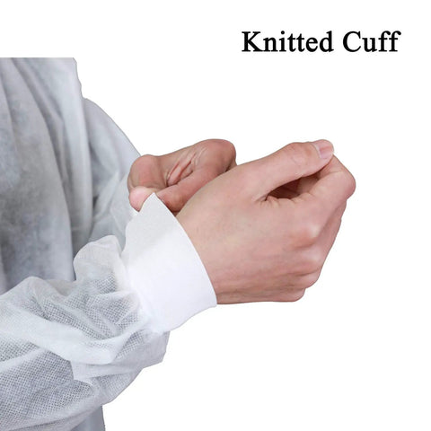 Close-up of knitted cuff on Pack Of 10 Disposable Lab Coats For Adults Large With Two Pockets And Knitted Collar And Cuffs, Front Snap Closure