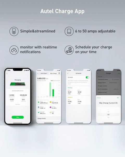 Autel Charge App interface for Smart Level 2 EV Charger Up To 50 Amp 240 Volt Indoor Outdoor Car Charging Station