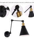 Two Light Dimmable Industrial Wall Sconce With On Off Switch Edison Vintage Style Swing Arm Lamp Bronze Head And Black Lampshade Plug In Or Hardwired For Lobby Hallway Kitchen Dining Room Restaurant with close-up details of bronze head, black lampshade, and toggle switch details