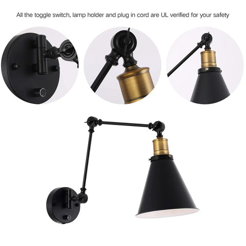 Two Light Dimmable Industrial Wall Sconce With On Off Switch Edison Vintage Style Swing Arm Lamp Bronze Head And Black Lampshade Plug In Or Hardwired For Lobby Hallway Kitchen Dining Room Restaurant with close-up details of bronze head, black lampshade, and toggle switch details
