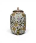 White Enamel Copper Water Dispenser With Lid And Tap, floral design, Handmade Indian Pot For Drinking Water Storage, Kitchen Decor