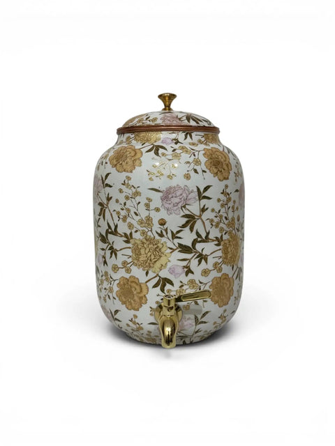 White Enamel Copper Water Dispenser With Lid And Tap, floral design, Handmade Indian Pot For Drinking Water Storage, Kitchen Decor