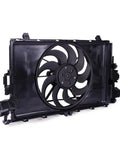 Knockout Direct Swap Tesla Model 3 Radiator Cooling Fan Assembly with Brushless Motor, side view with fan blades and housing.