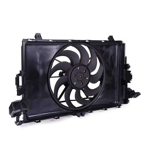 Knockout Direct Swap Tesla Model 3 Radiator Cooling Fan Assembly with Brushless Motor, side view with fan blades and housing.