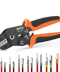 5-In-1 Wire Crimping Tool Ratcheting Crimper for AWG 28-16 with non-insulated open barrel terminals displayed below.