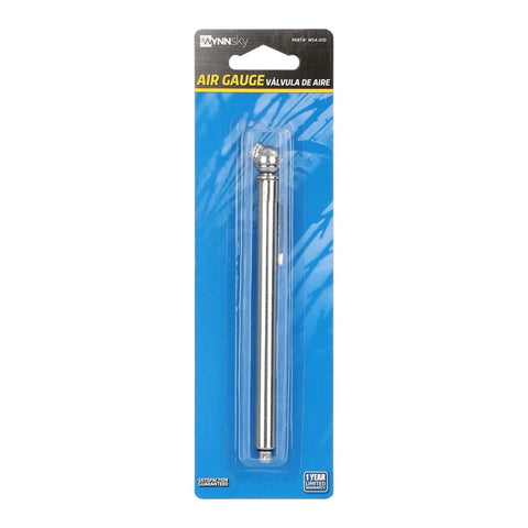 WYNNsky pencil tire gauge in blue blister packaging, chrome-plated metal, 1–20 PSI range