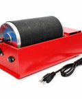 Dual Drum Rock Tumbler For Beginners 6 lb electric lapidary polisher with quiet rubber barrel, red metal frame, power cord visible.