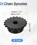 2 Pack Size 25 Roller Chain Sprocket With 8mm Bore, 20 Teeth, C45 Carbon Steel Black Oxide Coated, dimensions overlay
