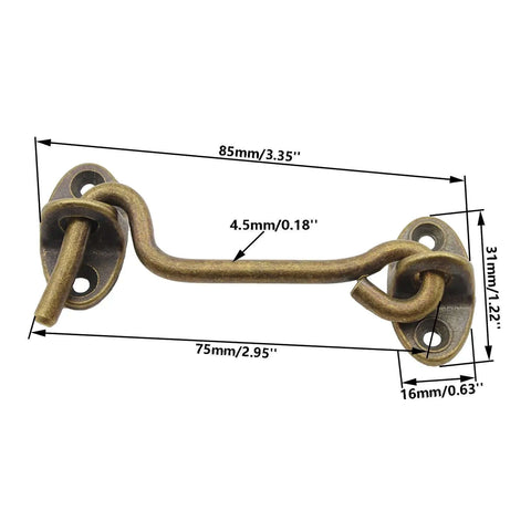 2 Pack Solid Copper Barn Door Latches, Heavy Duty 3 Inch Gate Locks With Hook And Eye, Antique Brass Finish, size diagram shown