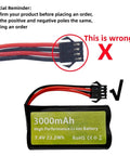 Two Pack Seven Point Four Volt 3000 mAh 15C 2S Li Ion Battery With SM 4P Plug And USB Charger showing proper plug orientation