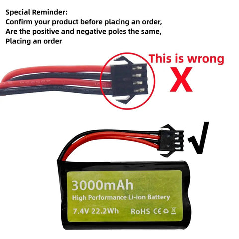 Two Pack Seven Point Four Volt 3000 mAh 15C 2S Li Ion Battery With SM 4P Plug And USB Charger showing proper plug orientation