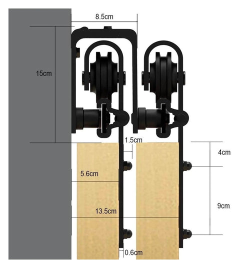 Install view of Beefed Up Sliding Barn Door Hardware Kit For Bypass Doors, with dual track system and J-shaped rollers