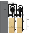 Side view of Bypass Barn Door Hardware Kit for Double Sliding Doors with J Shaped Rollers and Rustic Rail System