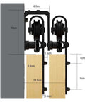 Side view of Sliding Barn Door Kit for Bypass Double Doors With Heavy-Duty J Shaped Rollers and Rail System, fits 153-422 cm openings.