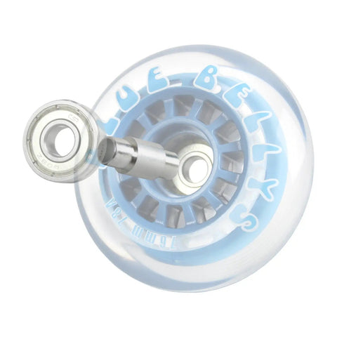 Aluminum Inline Skate Spacers 8 Pack For 6mm Axles And 8mm Bearings, Easy Install shown with clear blue skate wheel and bearing
