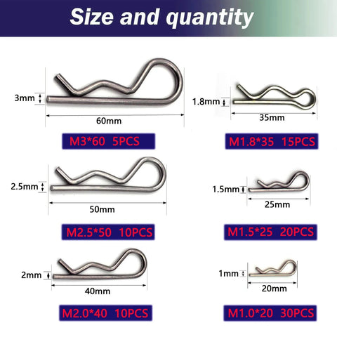 Amazon Ironking 90-piece stainless steel hitch pin clips set in 6 sizes; front view of assorted R-clips for hitch pins
