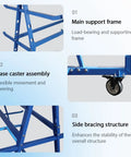 Heavy Duty Double Sided Horizontal Material Storage Rack Featuring Adjustable Arms For Lumber PVC Tubes And Steel Pipe with blue support frame and caster assembly.