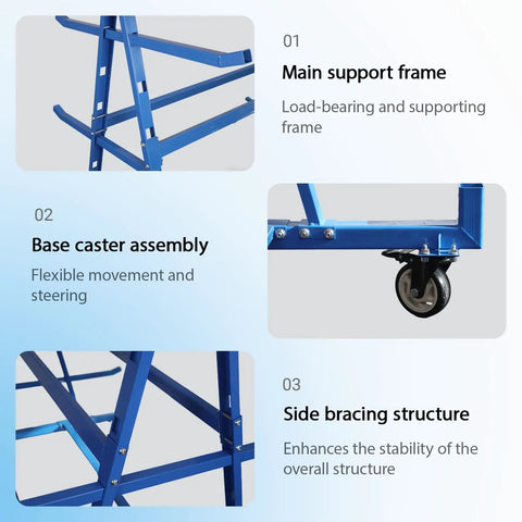 Heavy Duty Double Sided Horizontal Material Storage Rack Featuring Adjustable Arms For Lumber PVC Tubes And Steel Pipe with blue support frame and caster assembly.