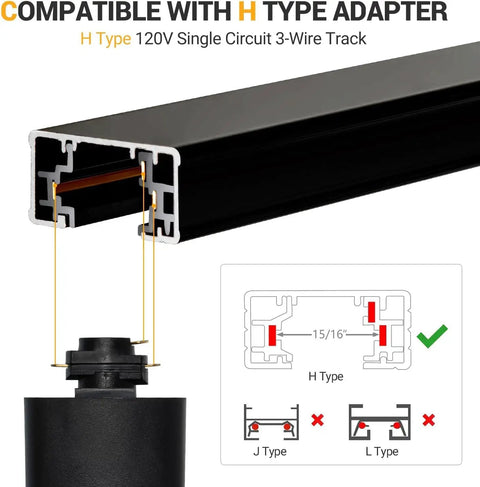 Super Sleek 16 Foot H Track Lighting Rail Kit In Glossy Black Finish With Easy Connectors For Modern Homes And Shops Offering Flexible Setup And Bright Vibes Perfect For Renovating Any Room Or Storefront Space Today. H type black aluminum track rail and adapter diagram
