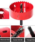 4 Inch HSS Bi-Metal Hole Saw With Arbor And Mandrel showing blade teeth, chip removal hole, center drill bit, and triangle shank