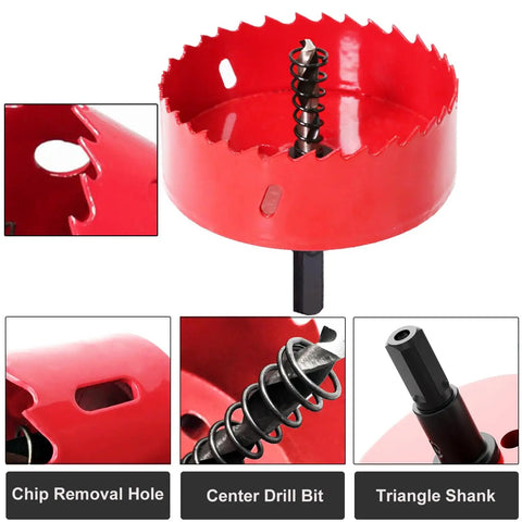 4 Inch HSS Bi-Metal Hole Saw With Arbor And Mandrel showing blade teeth, chip removal hole, center drill bit, and triangle shank