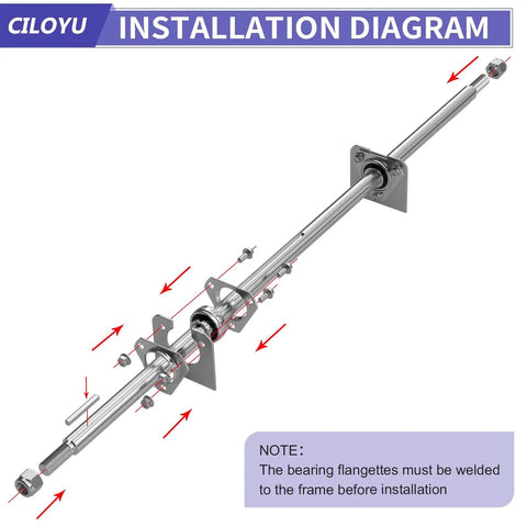 Installation diagram of Heavy Duty Go Kart Live Axle Kit 44 Inch With 1 Inch Diameter, components labeled for assembly.