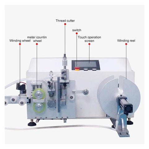 Automatic Electric Wire Winding Reel With Digital Touch Screen 4 In 1 Coiling Station showing thread cutter, winding wheel, and display.