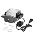 VEVOR air assist pump kit for laser engravers; compact silver aluminum unit with black end cap, includes tubing and fittings