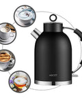 Retro Glass Electric Kettle 1.5 Liters Tea Boiler With Bpa Safe Cordless Setup in sleek black with mugs of beverages around.