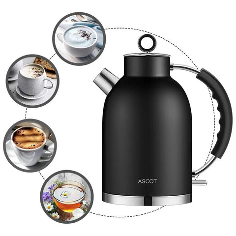 Retro Glass Electric Kettle 1.5 Liters Tea Boiler With Bpa Safe Cordless Setup in sleek black with mugs of beverages around.