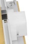 Close-up of Precision Router Table Lift System Height Adjustment Base with white insert plate and sliding ruler, aluminum build.