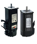 Two NEMA-23 stepper motors with black housings, silver shafts, and attached cables.