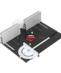 Hardcore Aluminum Router Lift Rig With Stainless Steel Plate For Pro Woodworking Bench Mounts Featuring Smooth Lift Knobs And Crisp Scale Markings Built Like A Tank For Serious Shop Projects Black Finish with precision guide scale.
