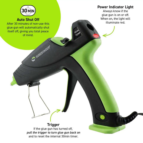 Side view of Auto Shut Off Hot Glue Gun Dual Temperature Full Size 60W Craft And DIY Power Tool with ergonomic green handle.