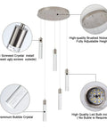 Five-Light Crystal Bubble Pendant Lights For Kitchen Island In Brushed Nickel, Integrated 40W LED, 6000K, highlighting materials and adjustable design.