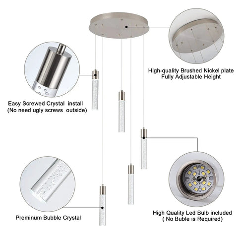 Five-Light Crystal Bubble Pendant Lights For Kitchen Island In Brushed Nickel, Integrated 40W LED, 6000K, highlighting materials and adjustable design.