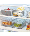 Removable Drainage Tray Storage Bin For Refrigerator And Pantry, Stacking Bin With Lid And Inner Basket, stored in fridge