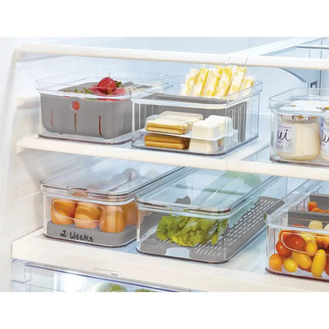 Removable Drainage Tray Storage Bin For Refrigerator And Pantry, Stacking Bin With Lid And Inner Basket, stored in fridge