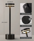 Go To Cordless Battery Powered LED Desk Lamp With Touch Control, black aluminum, 12.3-inch, circle base and light design.