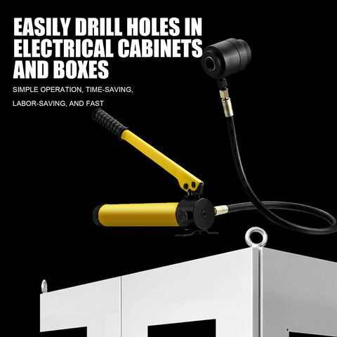 9 Ton Hydraulic Knockout Punch Kit For Conduit One Half Inch To Four Inch shown on metal cabinet.