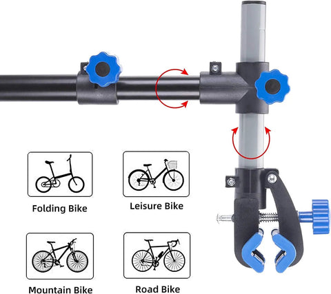 Wall Mounted Bike Repair Stand With Height Adjustable Clamp And Workbench Mount shown with bike compatibility illustrations.