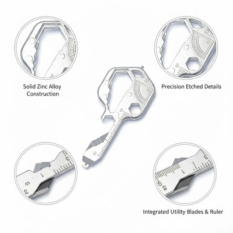 Zinc Alloy Multitool Keychain With Screwdriver Wrench And Bottle Opener featuring precision etched details and integrated ruler.
