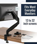 Single Monitor Arm Desk Mount With Super Smooth Tilt And Swivel Fits 13 To 32 Inch Screens, shown mounted on a desk with assembly parts.