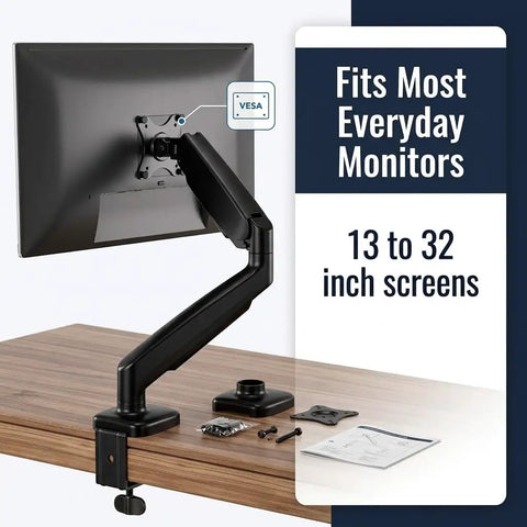 Single Monitor Arm Desk Mount With Super Smooth Tilt And Swivel Fits 13 To 32 Inch Screens, shown mounted on a desk with assembly parts.