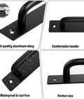 Close-up of black aluminum barn door handles, showing waterproof and rust-free features for quick install, 16 pack included.