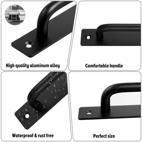 Close-up of black aluminum barn door handles, showing waterproof and rust-free features for quick install, 16 pack included.